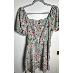 Lily Rose Womens Size L Boho Blue Floral Ruffle Short Sleeve Tie Wrap Dress